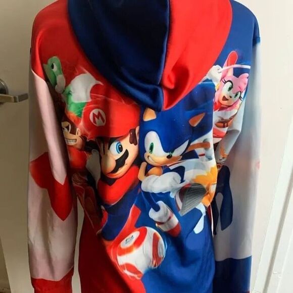 Mario & Sonic Hooded Sweatshirt kids size medium 8-10 blue red - Picture 4 of 6